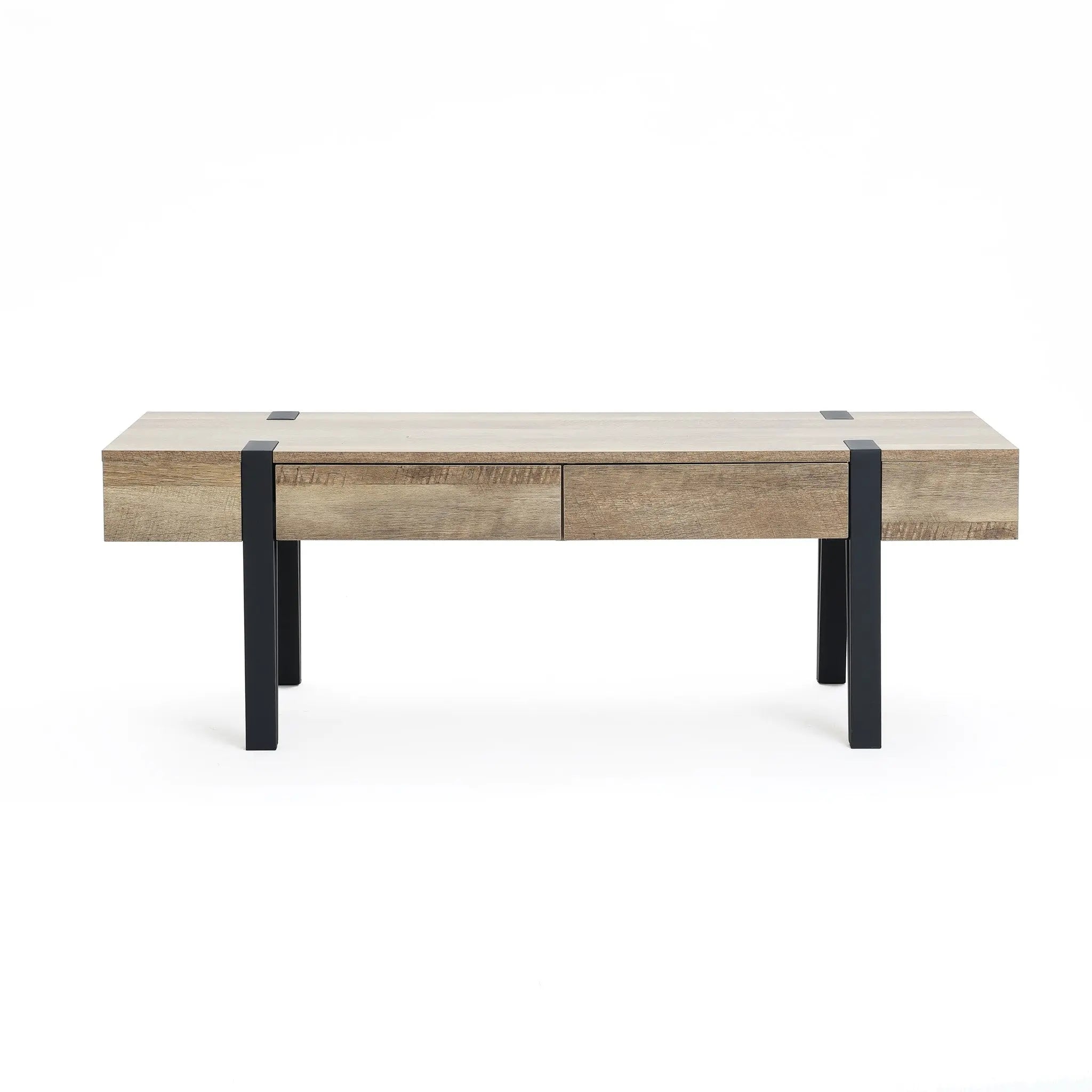 Rectangular oak finish wood coffee table with two drawers and black metal legs, photographed against a plain white background—a living room essential for modern farmhouse style.
