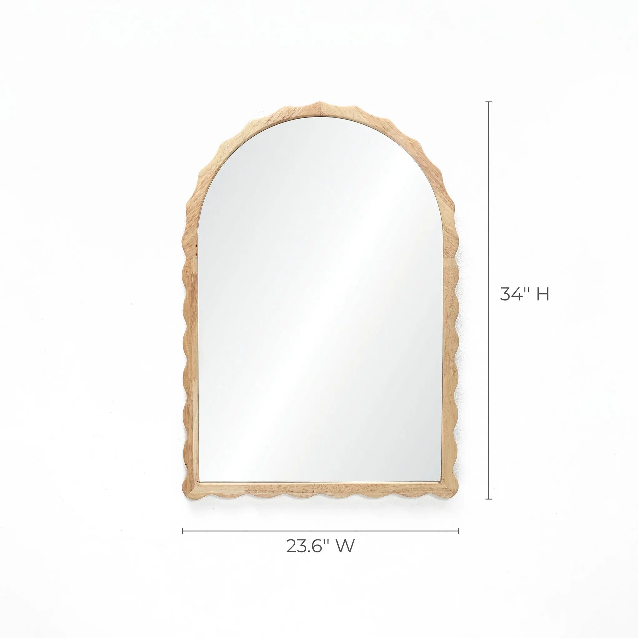This 34-inch arch mirror features a wavy wooden frame crafted from durable rubberwood, measuring 23.6 inches in width.