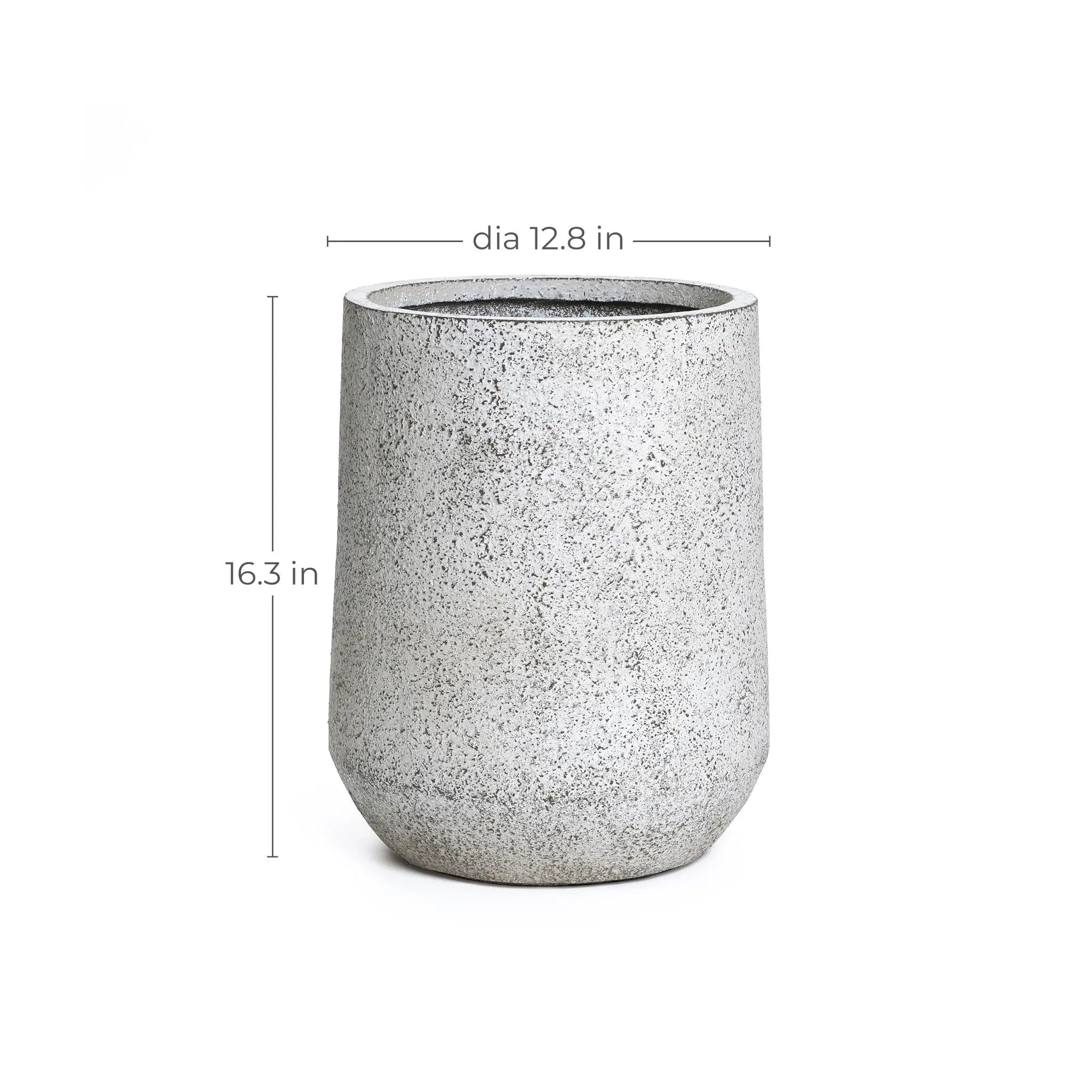 This lightweight durable MgO planter boasts a modern design with a gray textured cylindrical form. Featuring dimensions of 12.8 inches in diameter and 16.3 inches in height, its gray and white speckled texture adds a stylish touch to any space.
