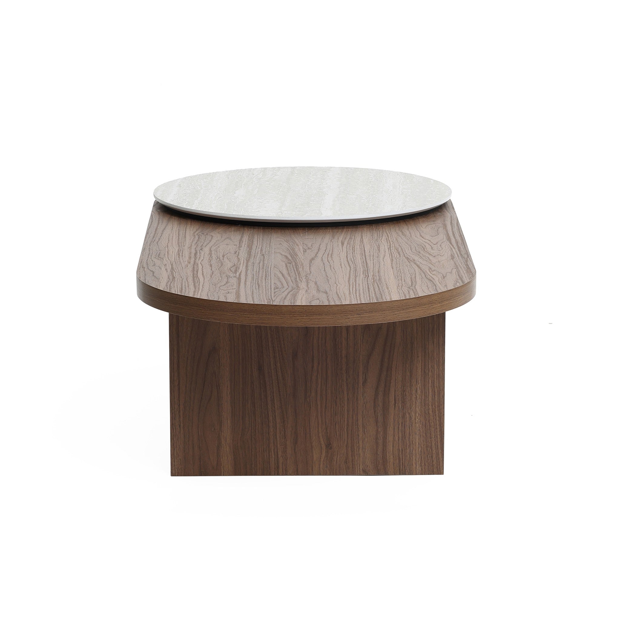 Travertine-style and walnut finish wood coffee table - LuxenHome