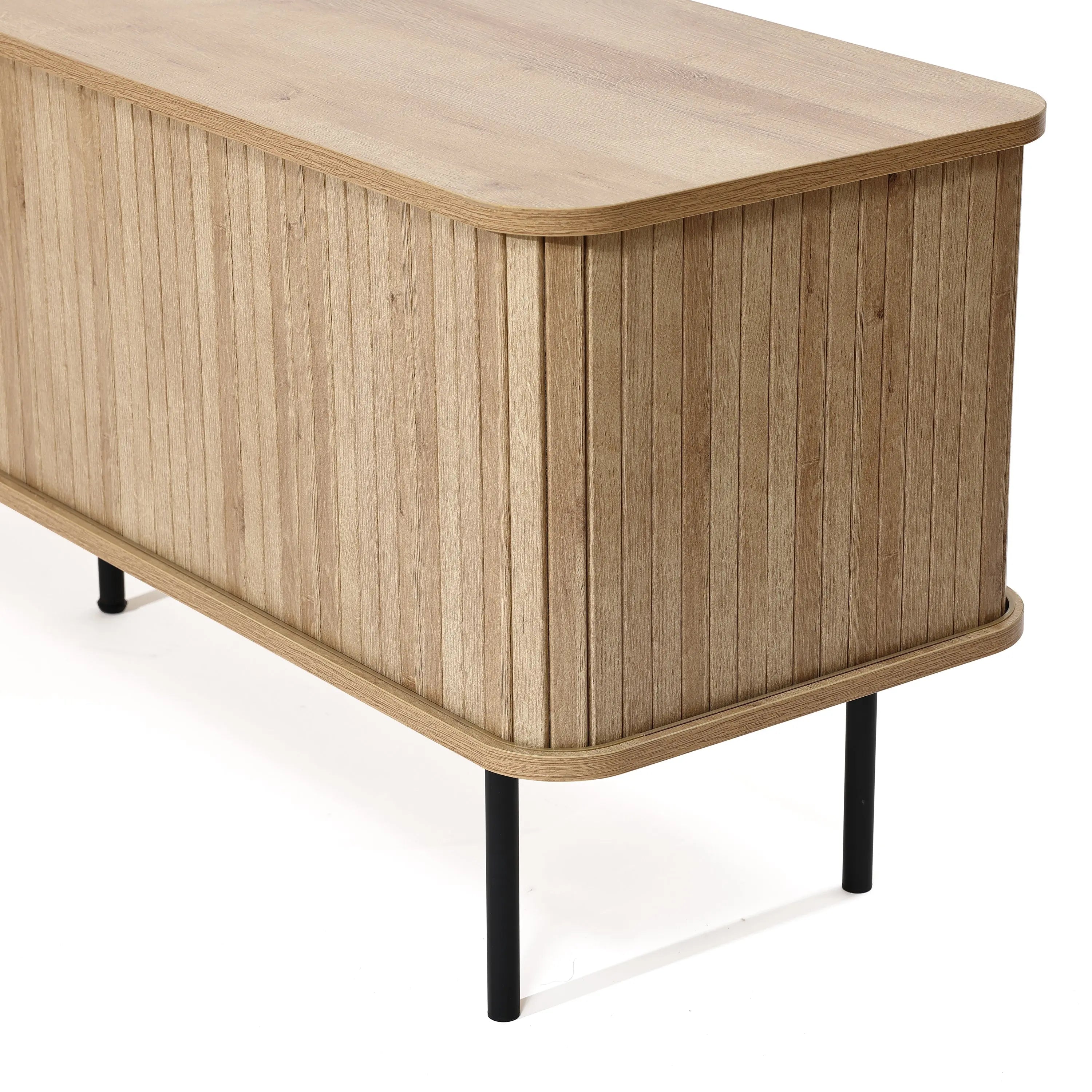 An oak TV stand featuring vertical grooves, rounded corners, and black metal legs, this cabinet is designed to complement a 65-inch TV effortlessly. With its stylish tambour doors, it adds a touch of elegance and modernity to any living space.