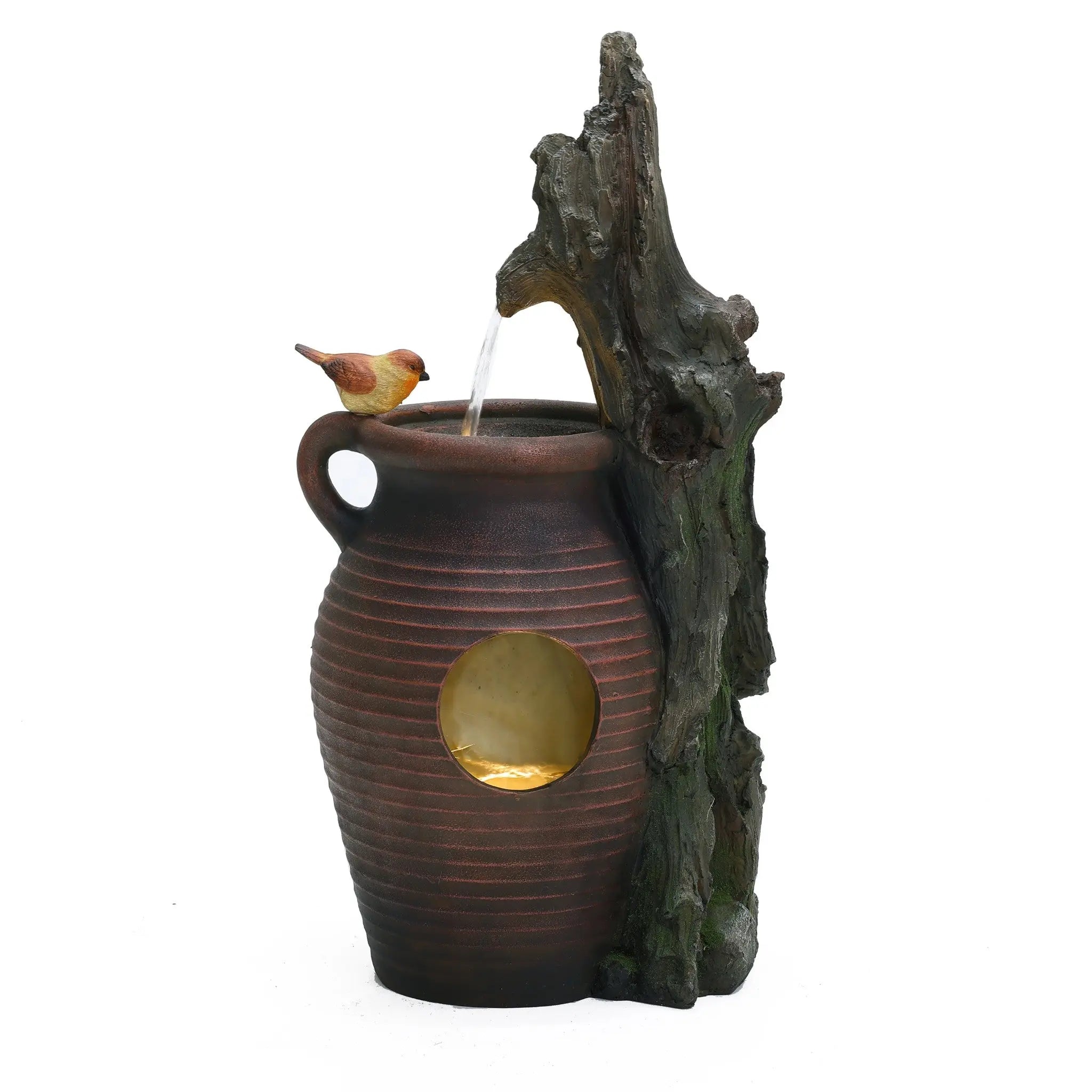 Rain barrel with tree and birds polyresin outdoor water fountains with light - LuxenHome