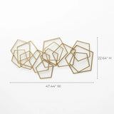Gold iron metal wall art featuring abstract shapes in overlapping pentagonal designs. Dimensions: 47.44 width and 22.64 height, this stunning piece of abstract shapes wall decor adds a touch of elegance to any space.