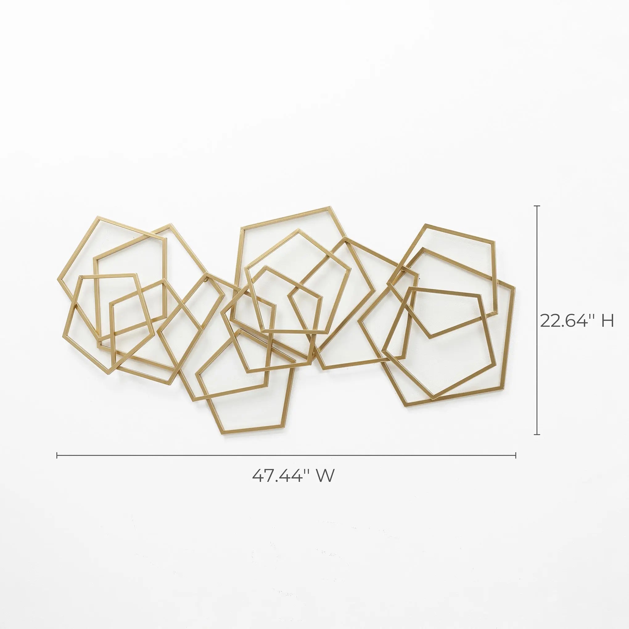 Gold iron metal wall art featuring abstract shapes in overlapping pentagonal designs. Dimensions: 47.44 width and 22.64 height, this stunning piece of abstract shapes wall decor adds a touch of elegance to any space.