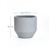 This modern minimalist planter boasts a gray cylindrical design with a diameter of 17.7 inches and a height of 15.7 inches, perfect for indoor and outdoor decor against a white background.