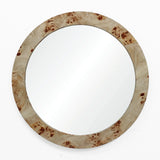 Round mirror featuring a textured burlywood MDF frame against a white background.