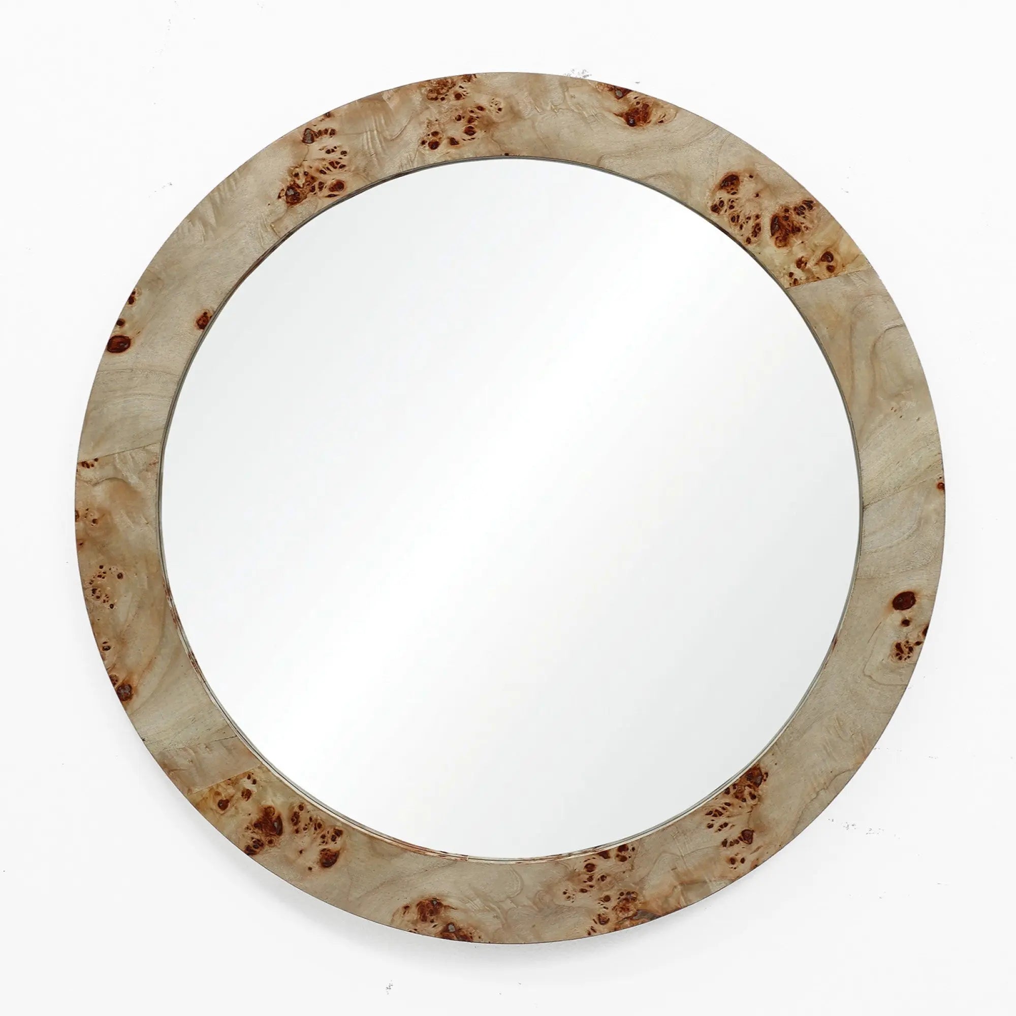 Round mirror featuring a textured burlywood MDF frame against a white background.