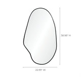 This irregular oval mirror features a modern aesthetic with a sleek black frame, measuring 38.98 inches high and 22.99 inches wide.