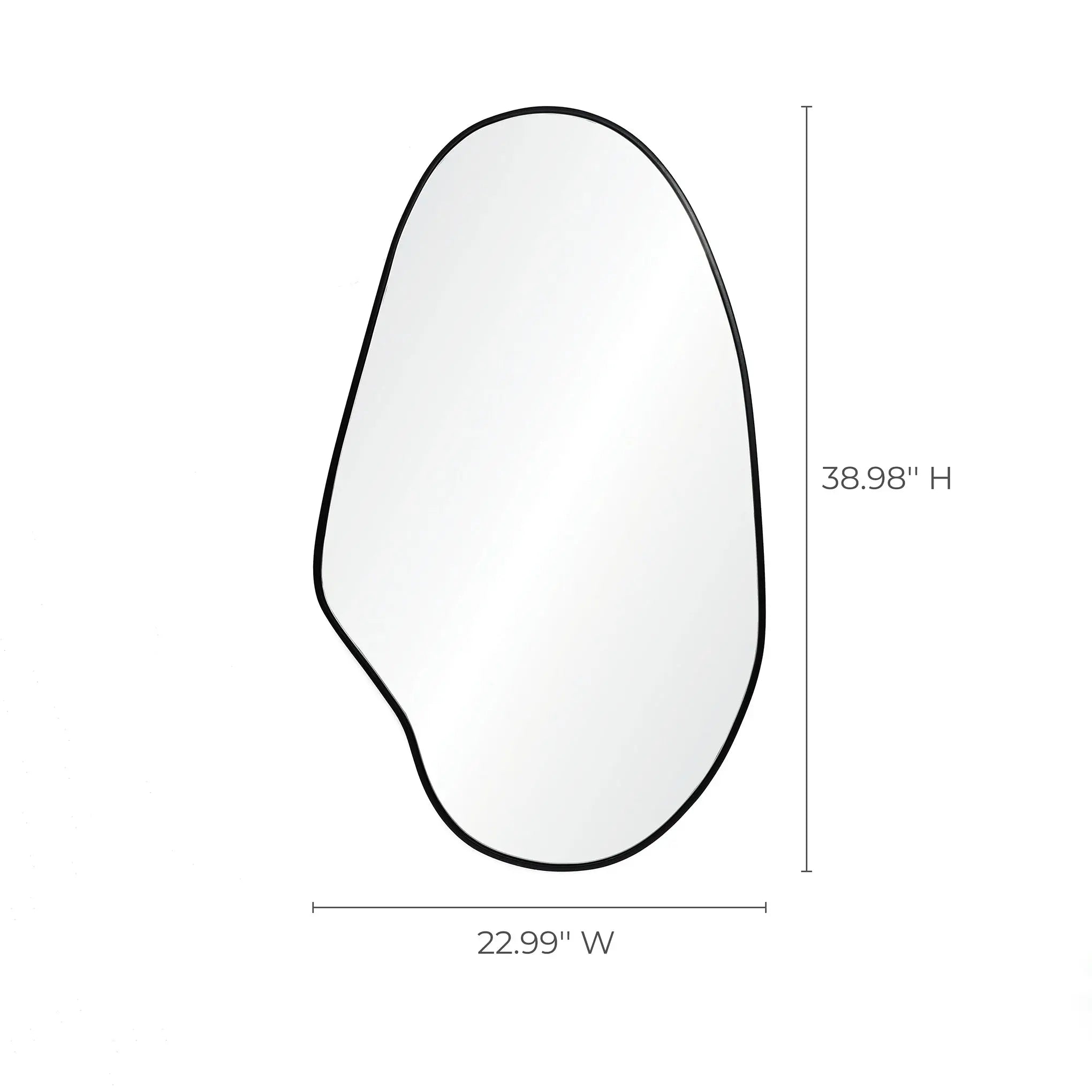 This irregular oval mirror features a modern aesthetic with a sleek black frame, measuring 38.98 inches high and 22.99 inches wide.