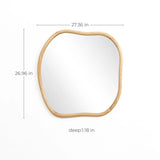 Irregular-shaped wall mirror with a natural pine frame against a white background. Dimensions are 26.96 inches tall, 27.36 inches wide, and 1.18 inches deep, perfect for elevating your home decoration.