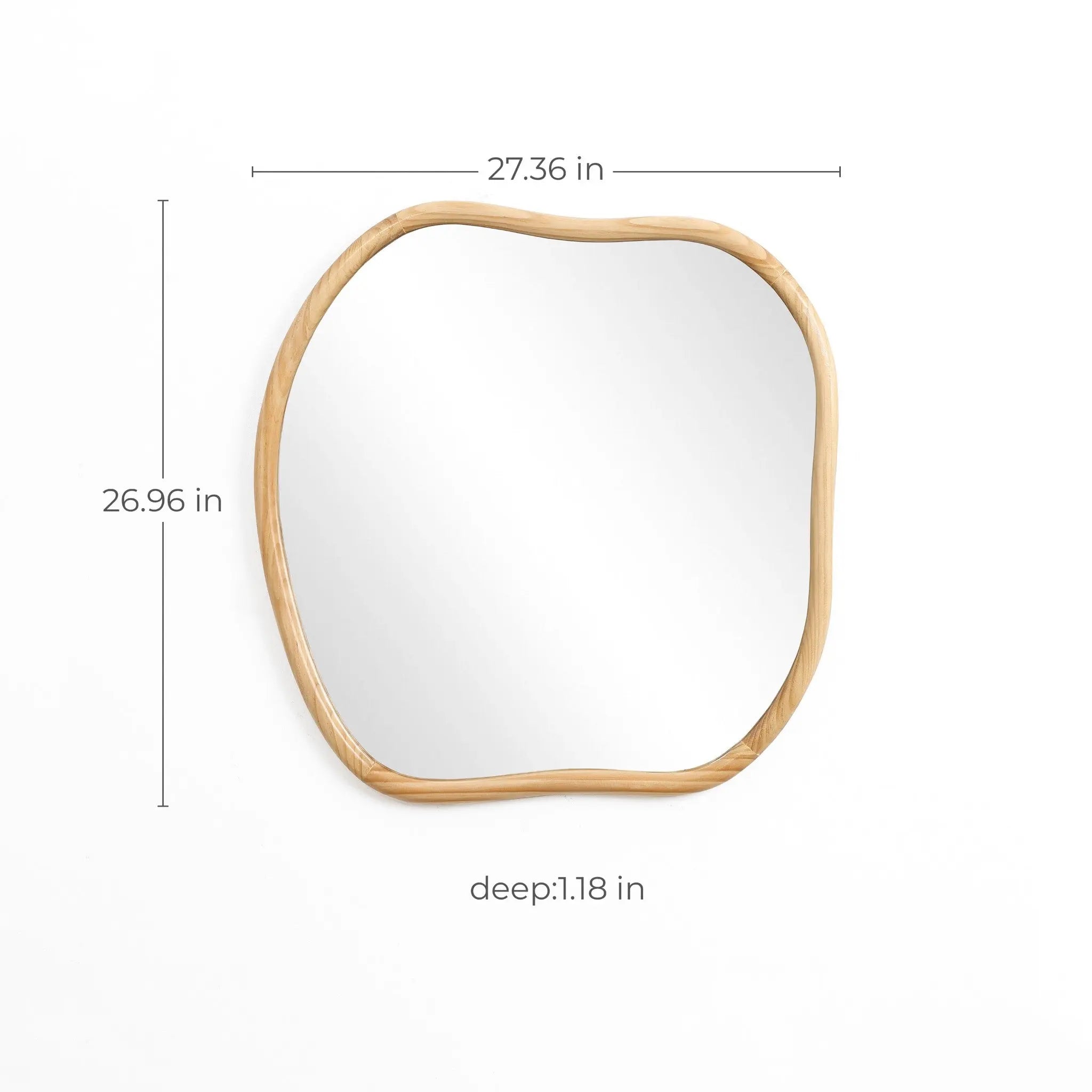 Irregular-shaped wall mirror with a natural pine frame against a white background. Dimensions are 26.96 inches tall, 27.36 inches wide, and 1.18 inches deep, perfect for elevating your home decoration.