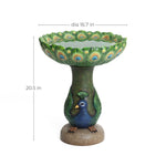 An exquisite Peacock Resin Birdbath, featuring a stunning peacock design, stands 20.5 inches tall with a 16.7-inch diameter, perfect for enhancing any outdoor space.