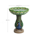 An exquisite Peacock Resin Birdbath, featuring a stunning peacock design, stands 20.5 inches tall with a 16.7-inch diameter, perfect for enhancing any outdoor space.
