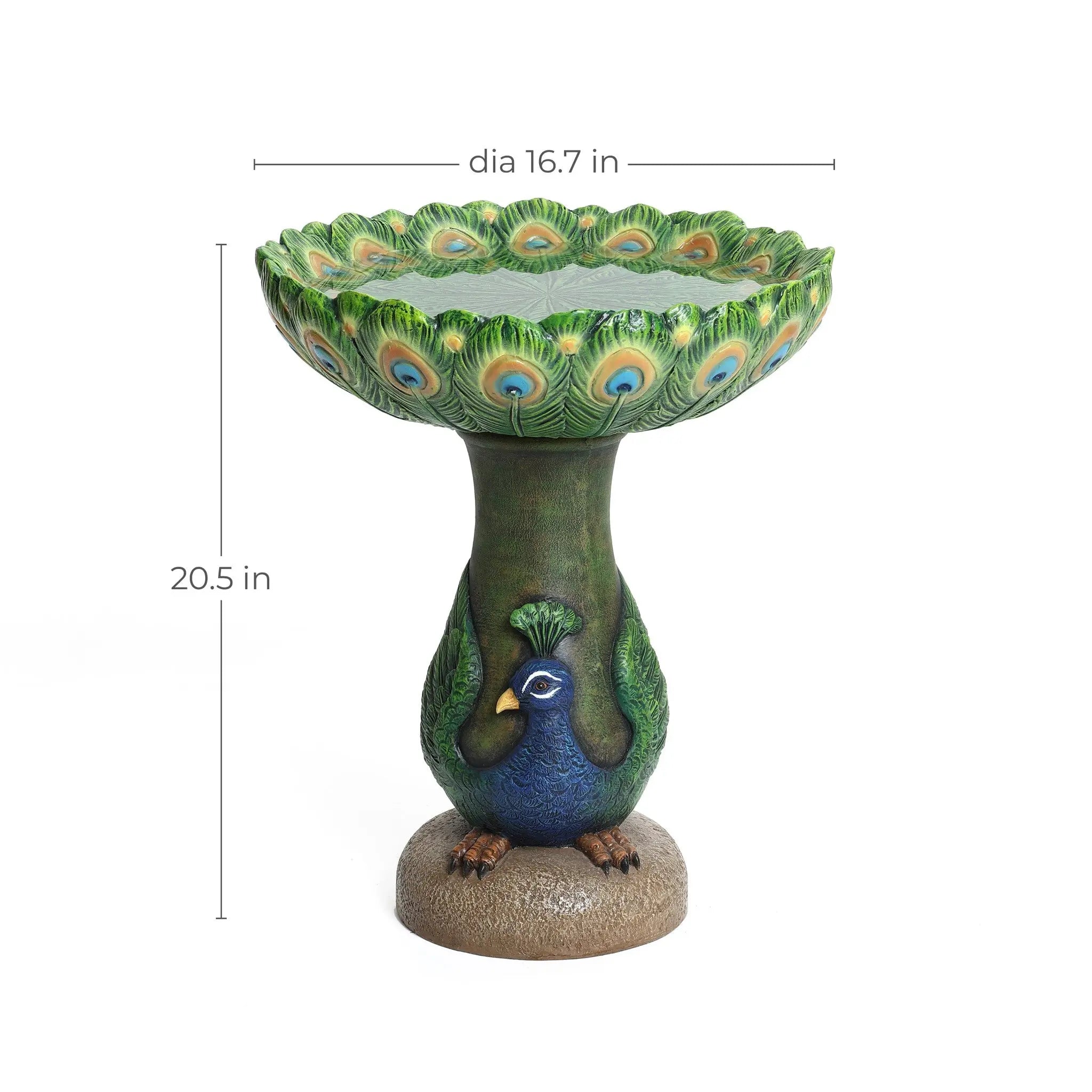 An exquisite Peacock Resin Birdbath, featuring a stunning peacock design, stands 20.5 inches tall with a 16.7-inch diameter, perfect for enhancing any outdoor space.