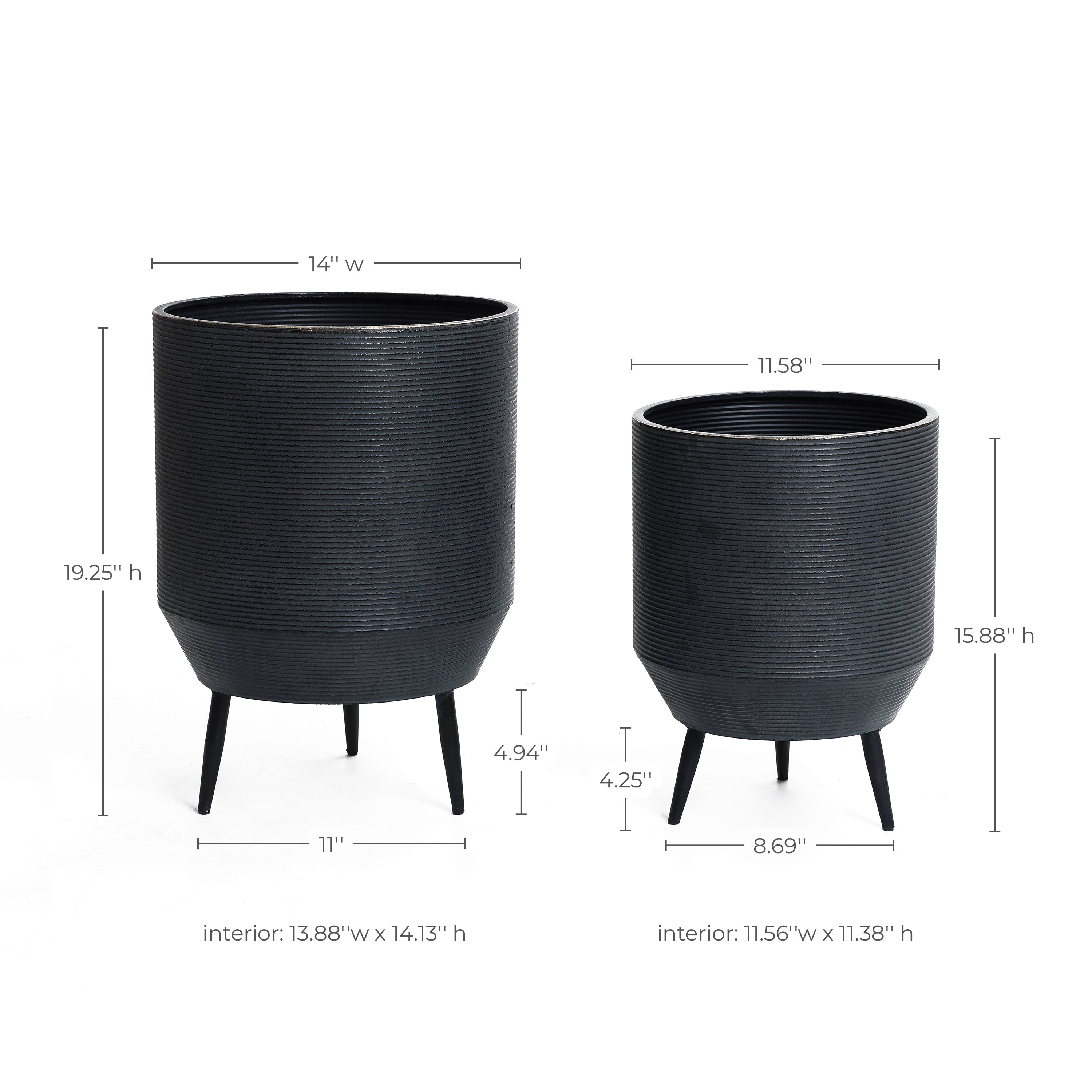 Two cachepots with tripod legs feature a distressed black finish. The larger pot planter is on the left, and the smaller on the right, with dimensions and interior measurements conveniently labeled above and below each planter.