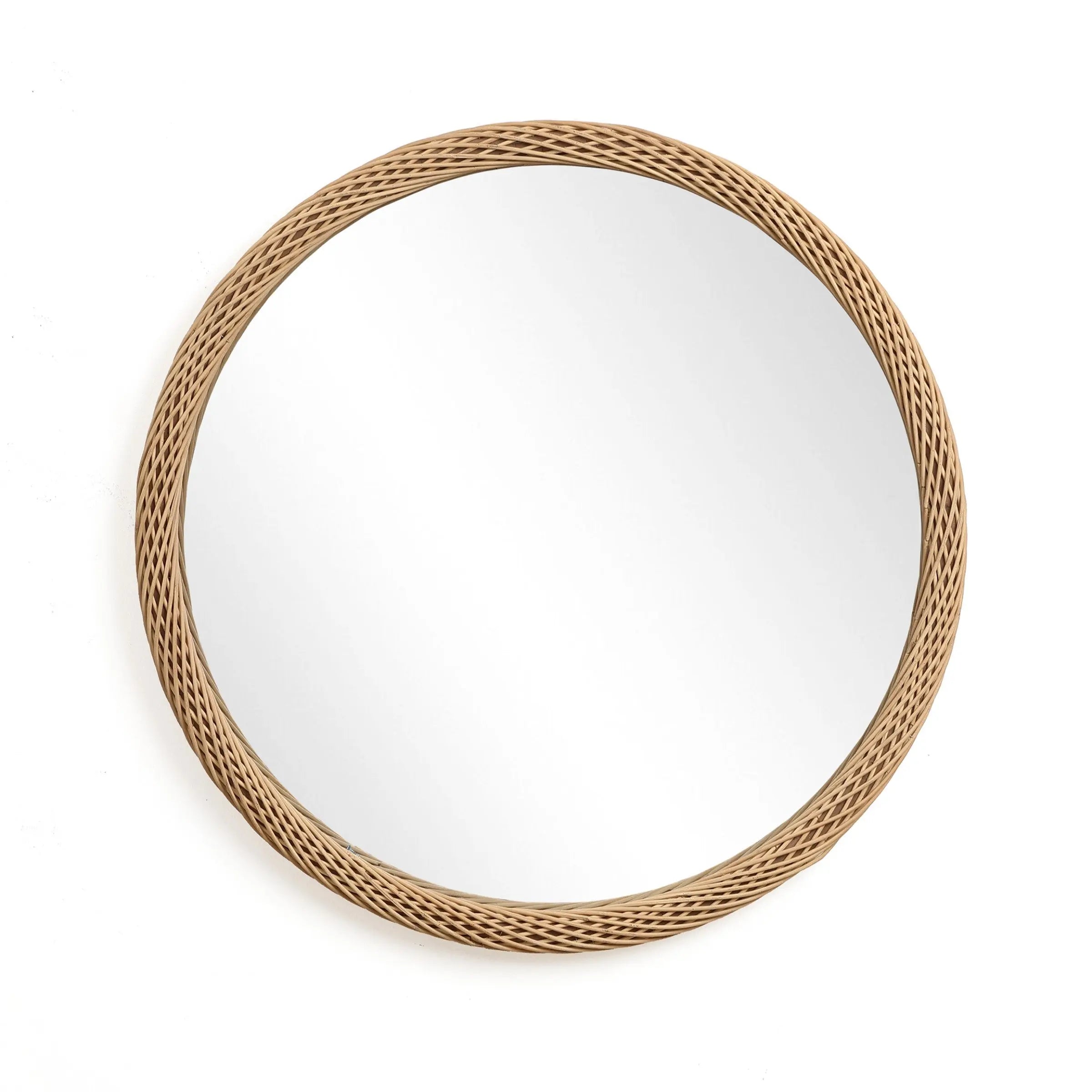 A decorative mirror featuring a circular design with a braided wicker frame, set against a plain white background.