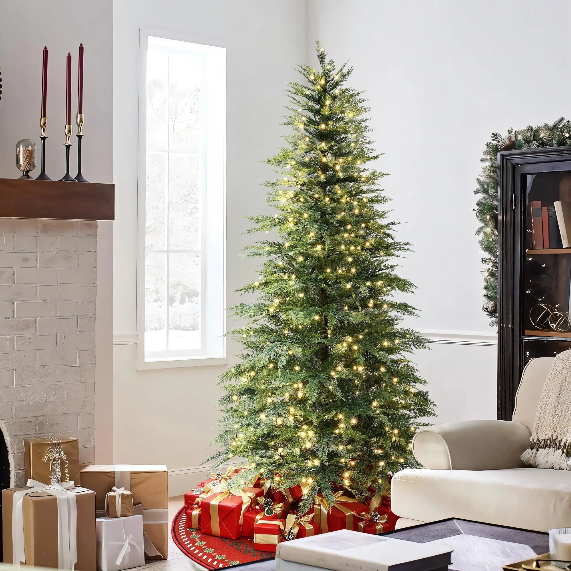 pre dressed christmas tree LuxenHome 7 ft. Pre-Lit Green Cypress Artificial Christmas Tree