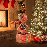 Elegant-frosted-red-gift-box-stacked-set-with-lights-decorations