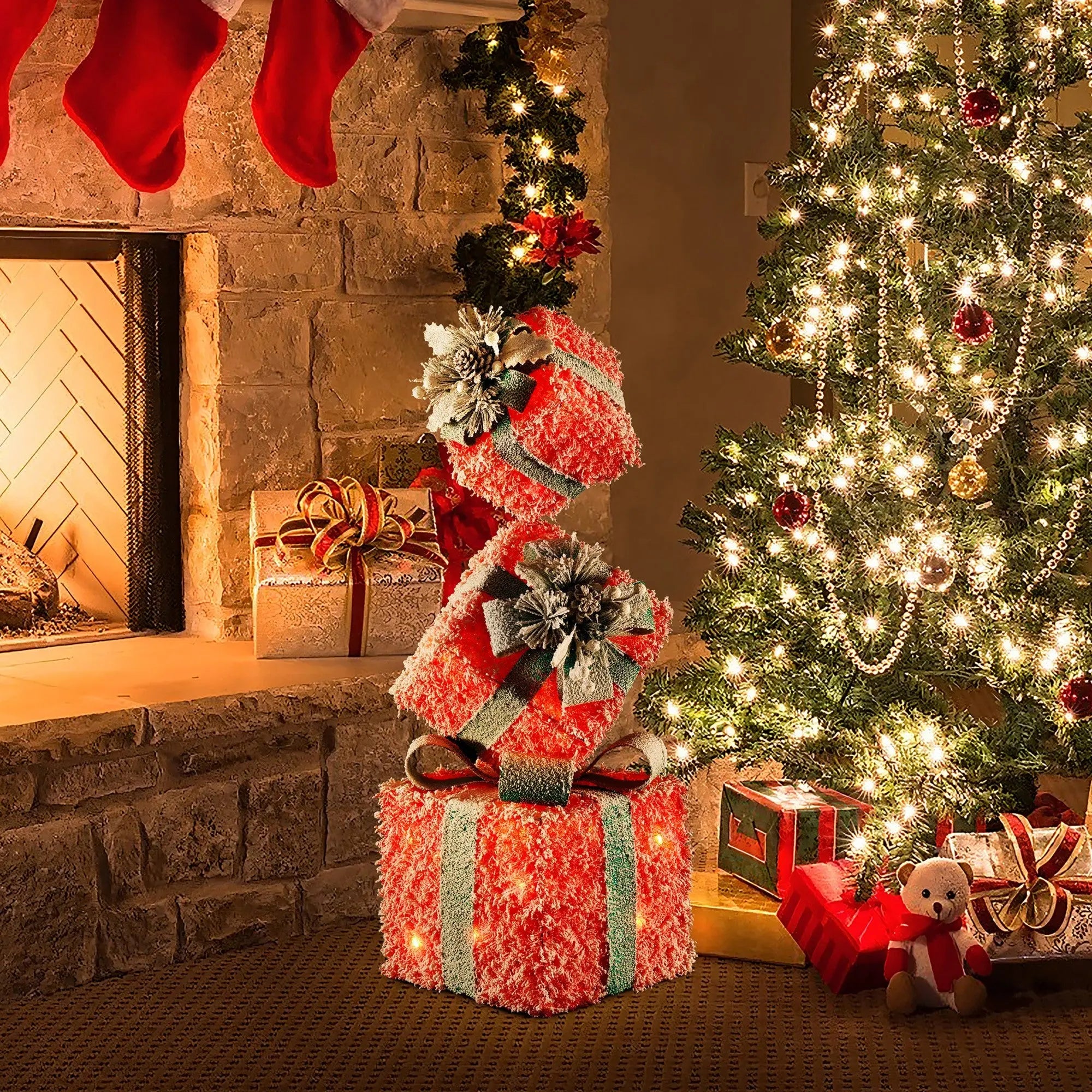 Elegant-frosted-red-gift-box-stacked-set-with-lights-decorations