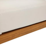 Close-up of a white upholstered cushion resting on an Outdoor Acacia Wood frame, likely part of Club-Style Patio Furniture or a Rope Sides Loveseat.