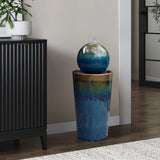 Glazed Blue and Brown Duo-Tone Sphere on Round Pillar Bubbler Ceramic Water Fountain - LuxenHome