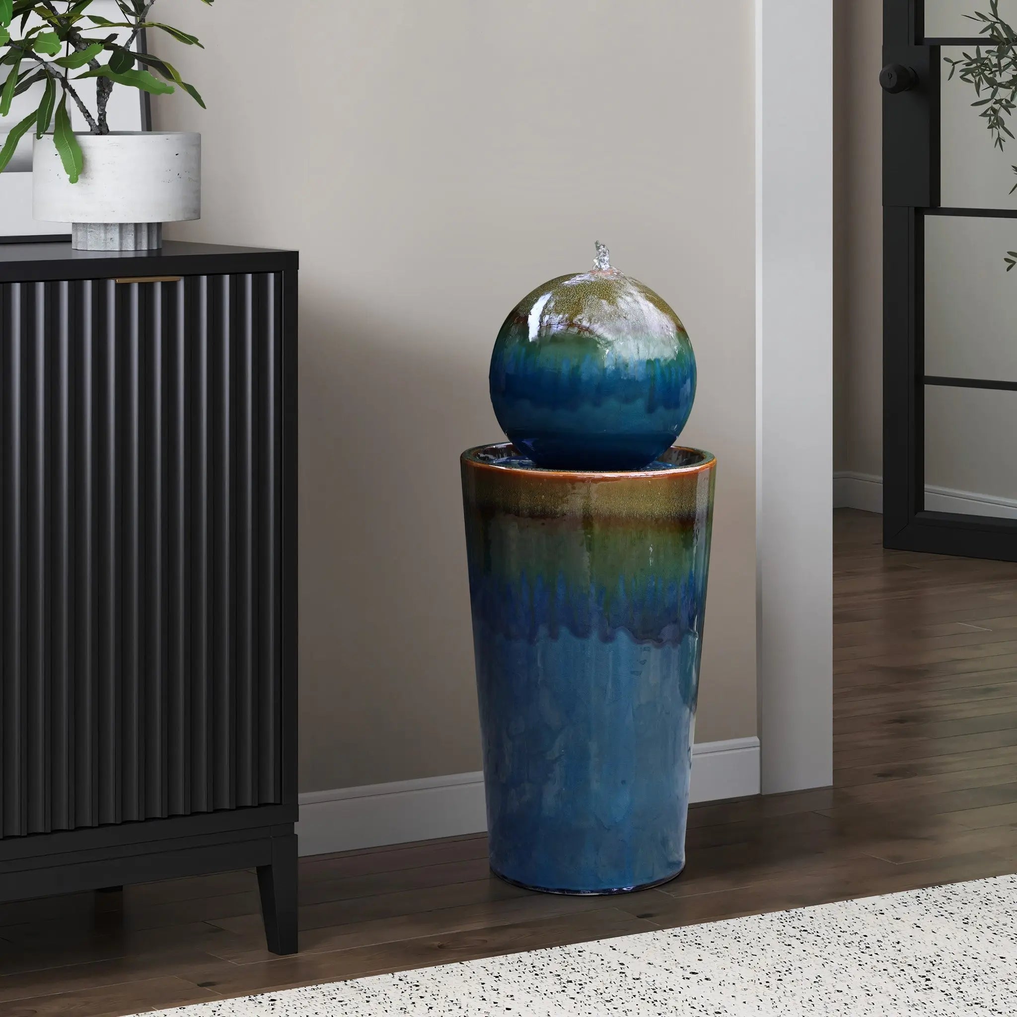 Glazed Blue and Brown Duo-Tone Sphere on Round Pillar Bubbler Ceramic Water Fountain - LuxenHome