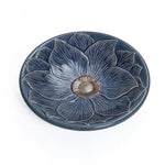 Blue ceramic birdbath with petals and vines pattern - LuxenHome