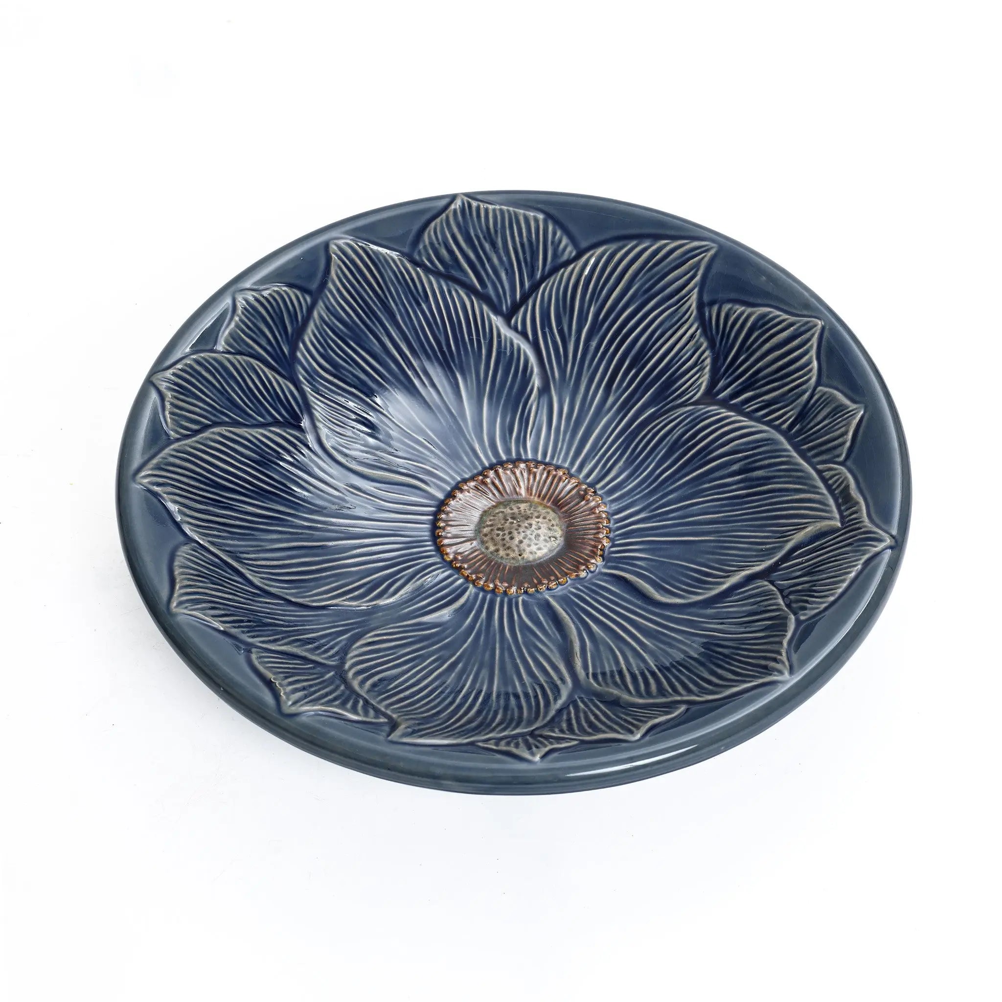 Blue ceramic birdbath with petals and vines pattern - LuxenHome