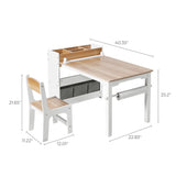 LuxenHomes Children Play Table with Bookcase and 2 Chairs Set features a wooden desk with storage shelves and fabric drawer, ideal for arts and crafts. The table measures 40.35x22.83x25.2, the chair is 11.22x12.01x21.65, and includes a paper roll holder for creative projects.