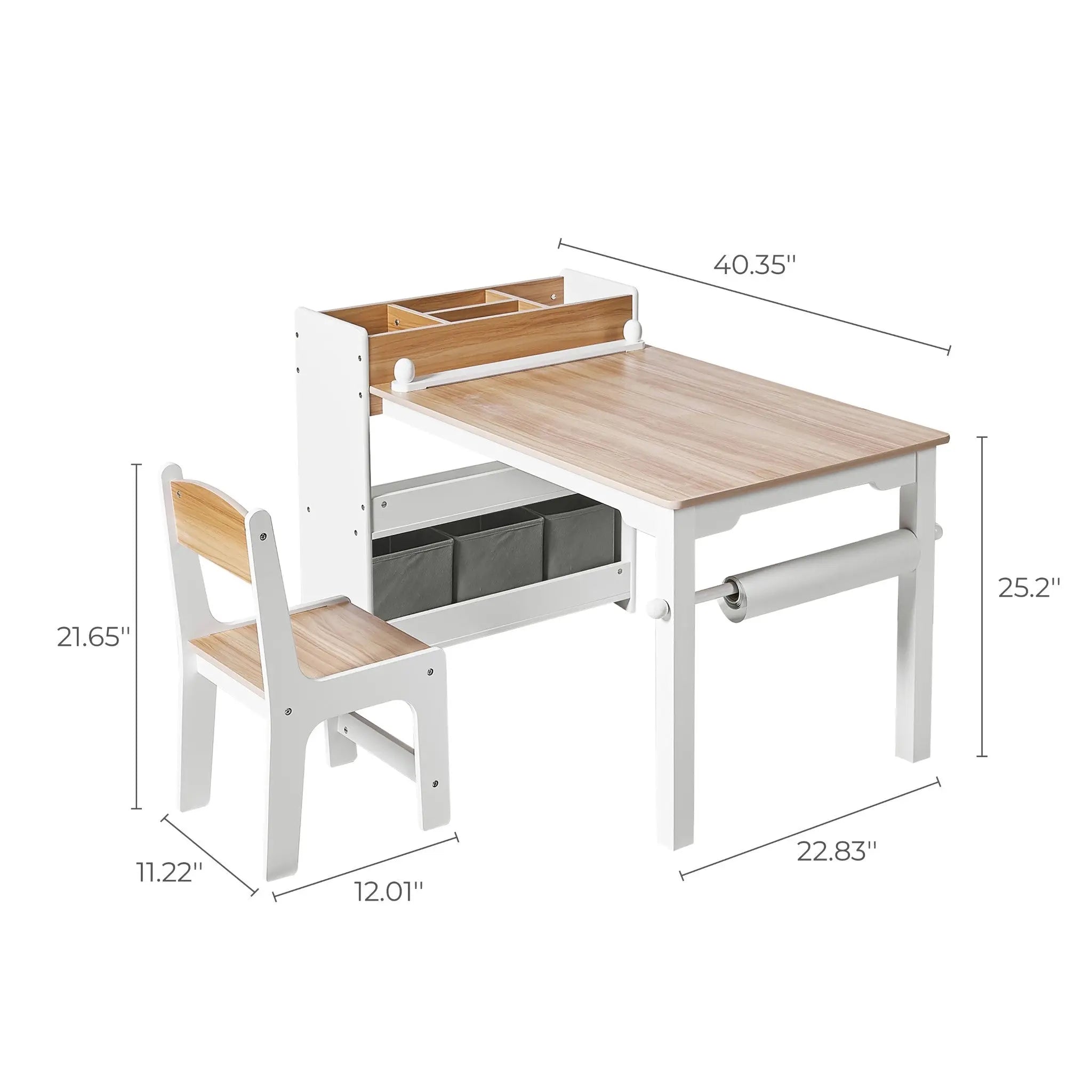 LuxenHomes Children Play Table with Bookcase and 2 Chairs Set features a wooden desk with storage shelves and fabric drawer, ideal for arts and crafts. The table measures 40.35x22.83x25.2, the chair is 11.22x12.01x21.65, and includes a paper roll holder for creative projects.