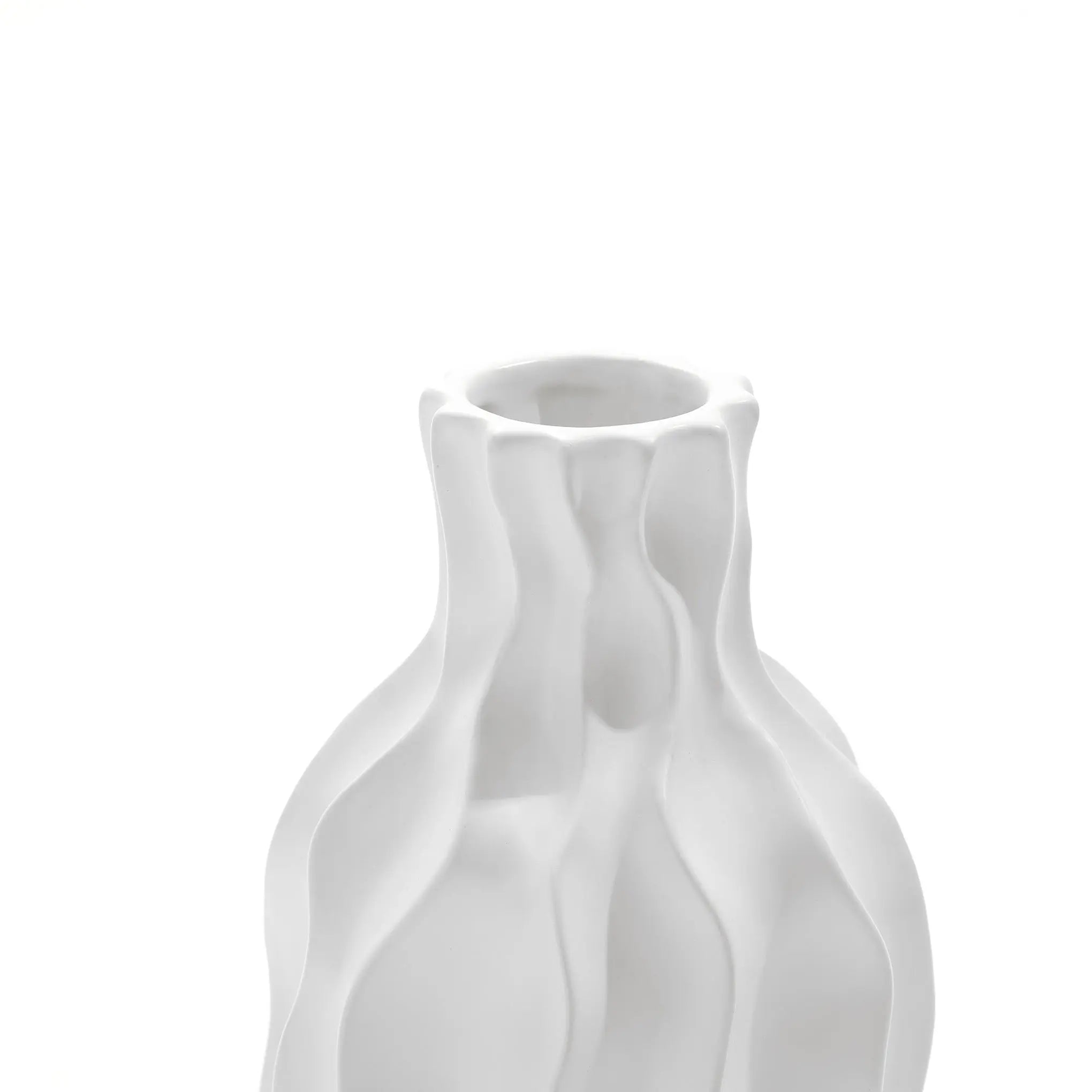 A versatile piece, this white ceramic vase features a wavy, textured design against a plain white background.