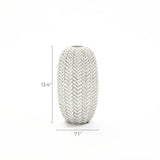 LuxenHomes Modern geometric pattern resin tall vase, 13.5 inches high, showcases an intricate design with an antique finish, set against a simple white backdrop.