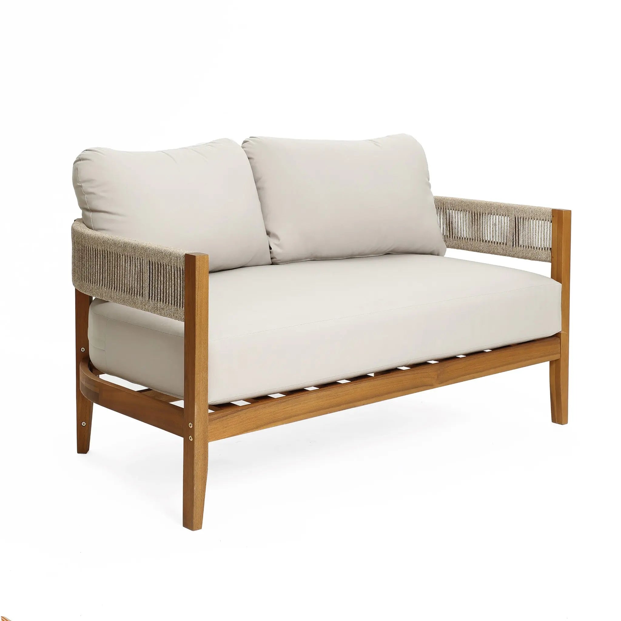 A Rope Sides Loveseat featuring a wooden frame crafted from outdoor acacia wood, beige seat and back cushions, and woven rope detailing along the arms, set against a plain white background.
