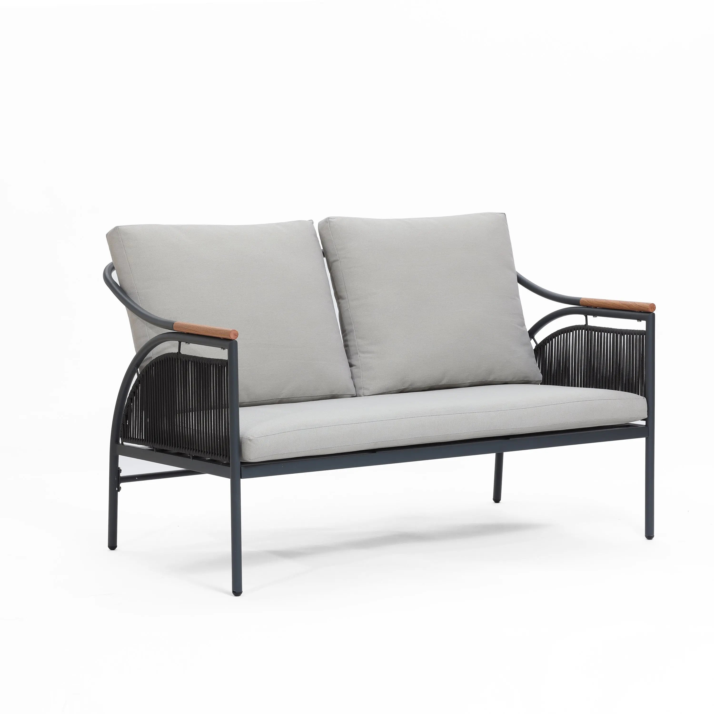 This modern two-seater sofa features gray, removable waterproof cushions and a black metal frame accented with wooden armrests. Designed for versatility, it seamlessly transforms from an indoor piece to part of an outdoor seating set.