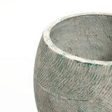 Close-up of a textured Rustic Multi-Color Cement 15.4-Inch Round Planter by LuxenHome, showcasing a diagonal herringbone pattern with aged patina in gray-green hues. Set against a white background, this empty round planter pot highlights its timeless charm.