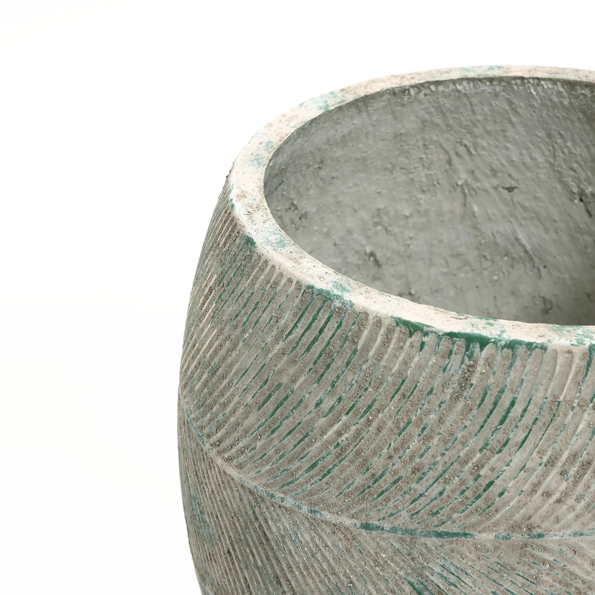Close-up of a textured Rustic Multi-Color Cement 15.4-Inch Round Planter by LuxenHome, showcasing a diagonal herringbone pattern with aged patina in gray-green hues. Set against a white background, this empty round planter pot highlights its timeless charm.