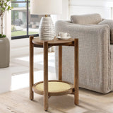 A wooden side table crafted from pine and MDF wood with a chestnut finish features a white striped vase and a cup, perfectly complementing the gray sofa in the bright room.
