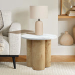 Burl wood finish round end/side table with faux marble top - LuxenHome