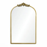 The Rêverie vintage gold accent metal frame arch mirror from LuxenHome features intricate floral detailing and resembles an elegant arched window silhouette, perfectly set against a plain white background.