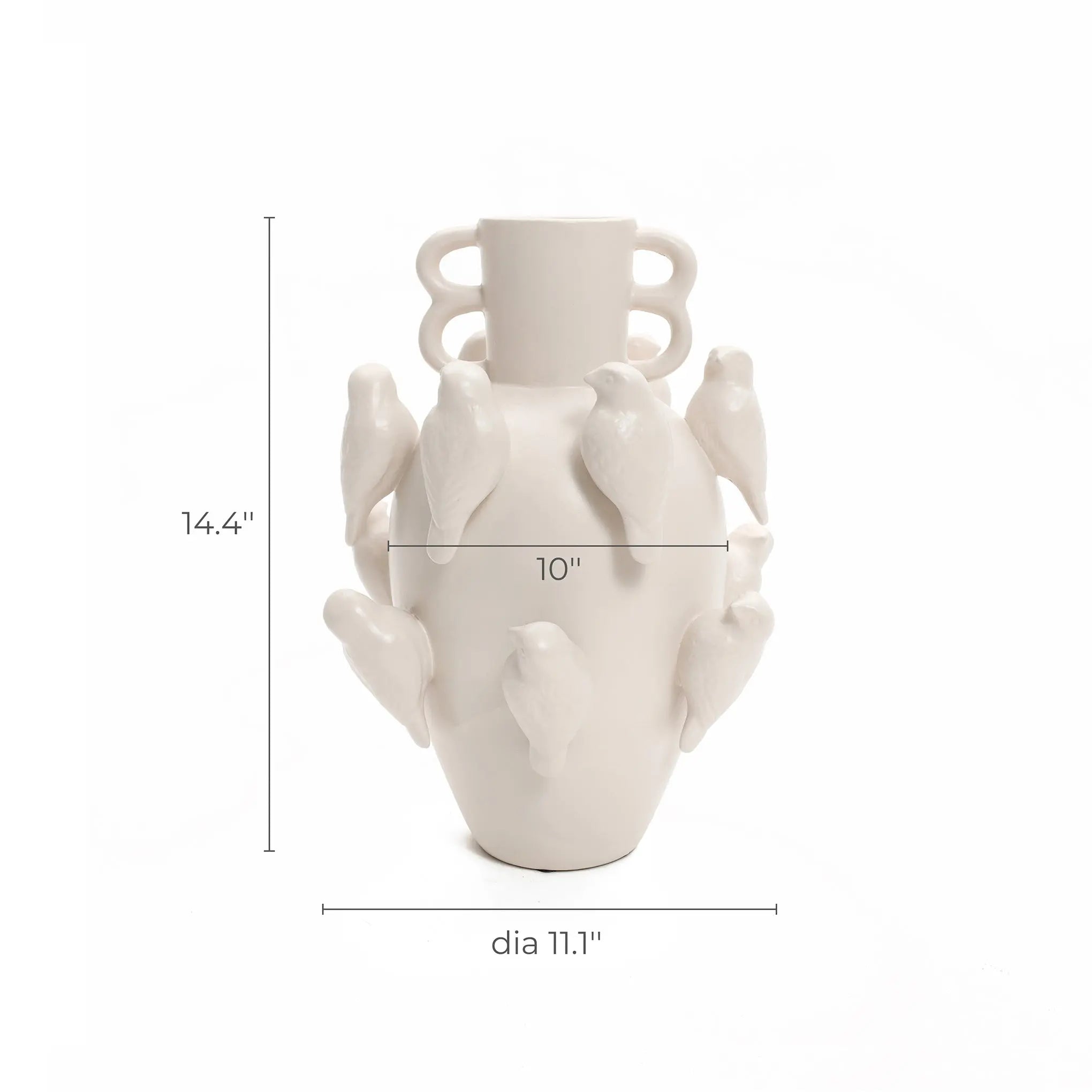 The LuxenHome White ceramic birds vase, standing 14.4 tall, boasts a double-handled design and sculpted bird adornments. Its 10 width and 11.1 diameter bring elegant ambiance, making it perfect for modern home decor.