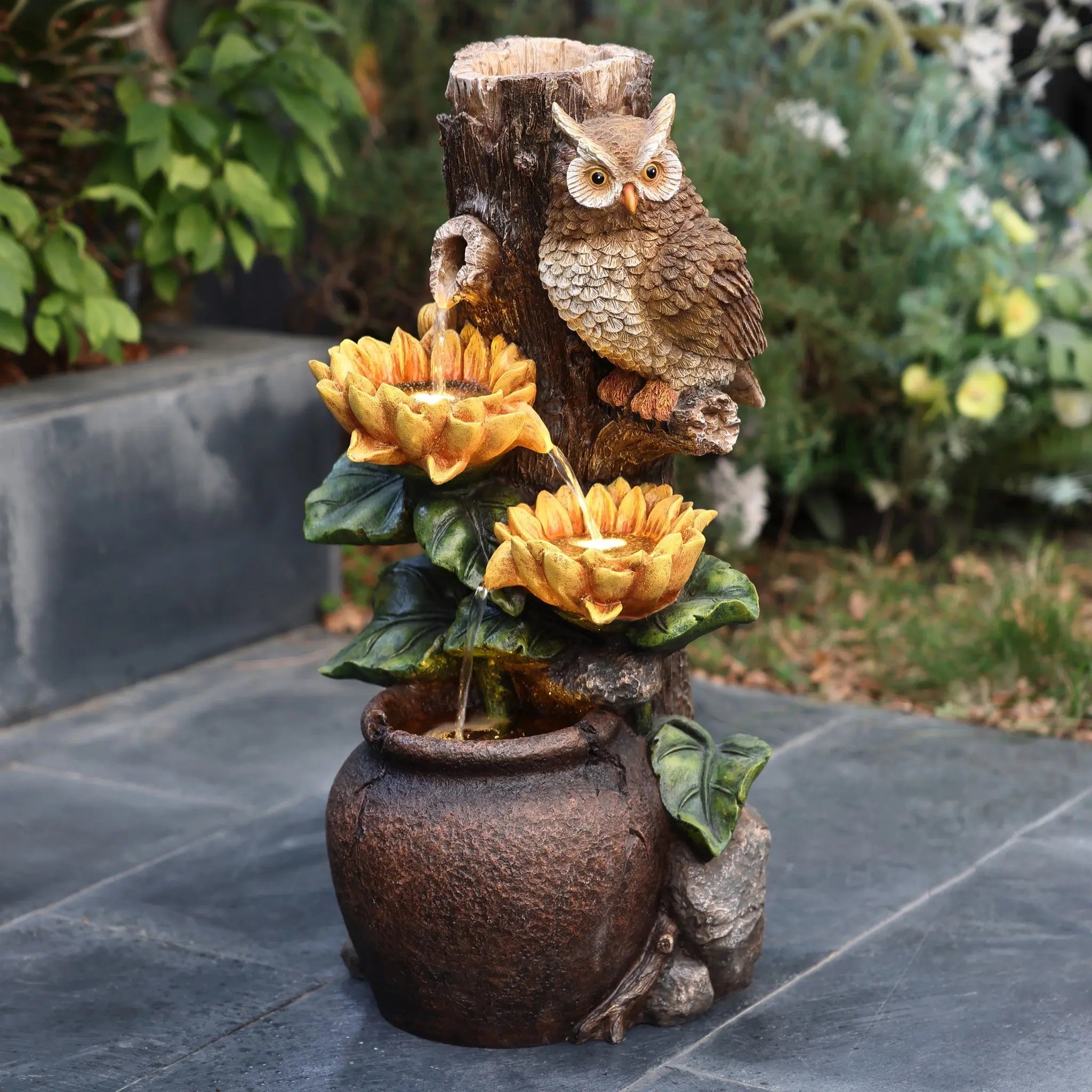 Sunflower and Owl Polyresin Outdoor Water Fountain with Lights - LuxenHome