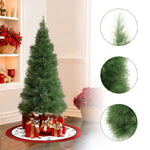 Artificial Christmas tree with fluffy green branches stands on a tree skirt, surrounded by wrapped gifts—an elegant touch of holiday décor; detail close-ups of the branches are shown on the right.