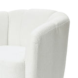 A close-up view of the LuxenHome Amber ivory boucle swivel barrel accent chair showcases its curved backrest and rounded edges. The plush light-colored fabric gives a cozy and chic appearance, focusing on the top and sides of this modern design.