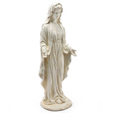 A white Mary statue in a robe with a hood, standing barefoot with arms slightly outstretched and palms open, features a vintage ivory finish crafted from durable magnesium oxide.