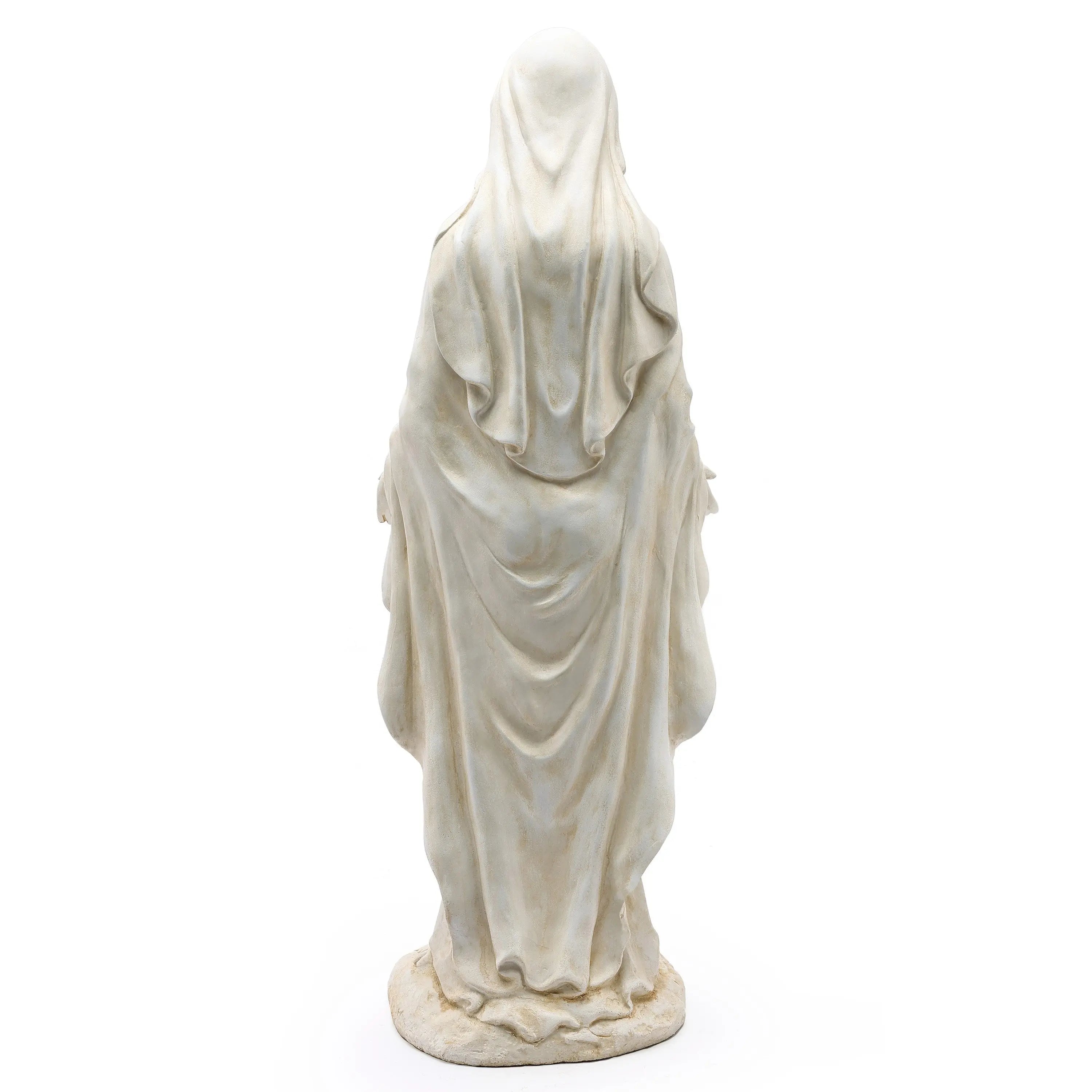 Back view of a Mary statue in a long, flowing robe, with the head and body fully covered, featuring a vintage ivory finish.