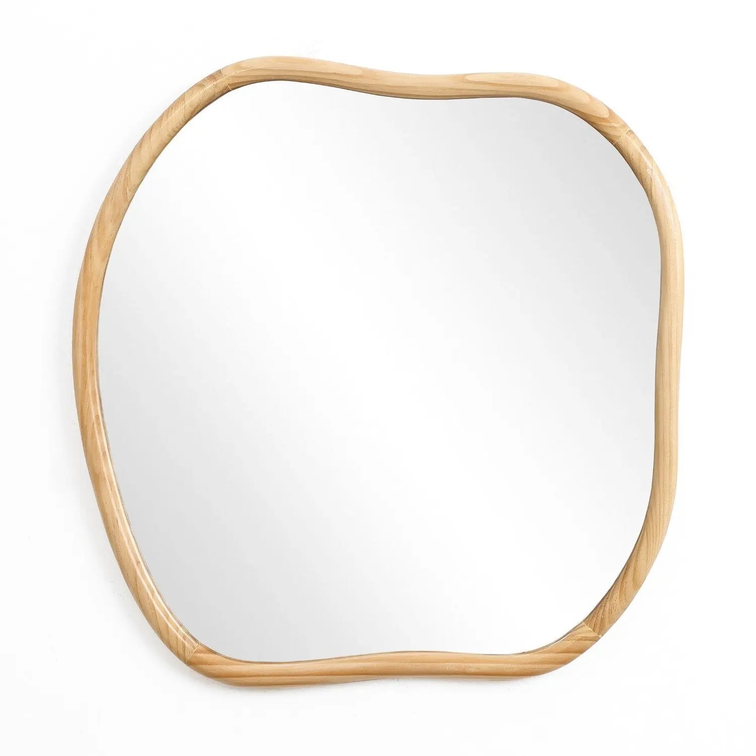Irregular-shaped wall mirror with a natural pine frame set against a white background, perfect for enhancing your home decoration.