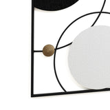 Modern abstract wall decor featuring intersecting black and white circles with textured surfaces, complemented by a small bronze circular detail and encased in a minimalist black frame.