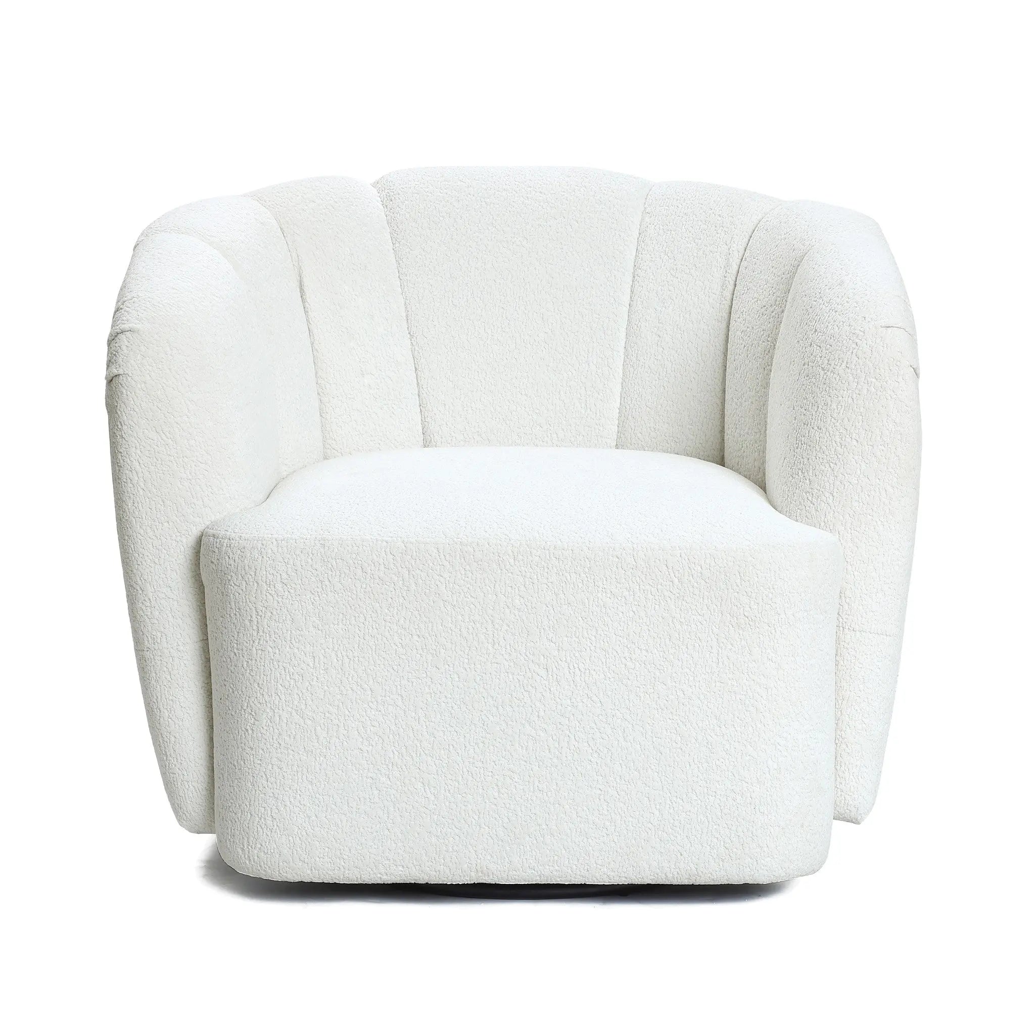 The LuxenHome Amber ivory boucle swivel barrel accent chair offers a comfortable sitting experience with its plush upholstery, rounded back, and cushioned seat in soft, textured fabric. Its modern and minimalist design adds a stylish touch to any space.