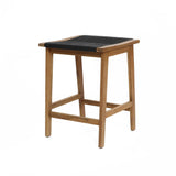 FSC-certified acacia wood stool featuring a square woven black seat and four sturdy legs connected by horizontal supports, designed to complement any outdoor acacia wood dining table.