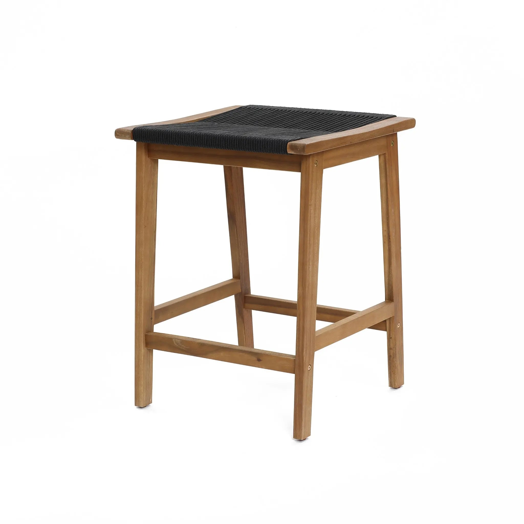 FSC-certified acacia wood stool featuring a square woven black seat and four sturdy legs connected by horizontal supports, designed to complement any outdoor acacia wood dining table.